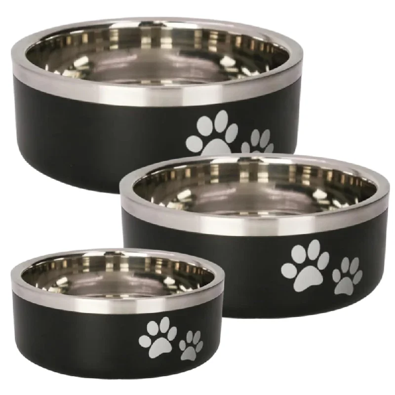 Indipets Double Walled Stainless Steel Pet Feeding Bowl, Black