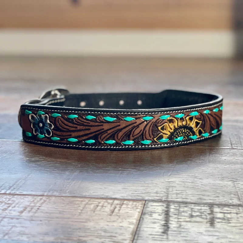 SCENIC SUNFLOWER HAND-TOOLED PADDED LEATHER DOG COLLAR