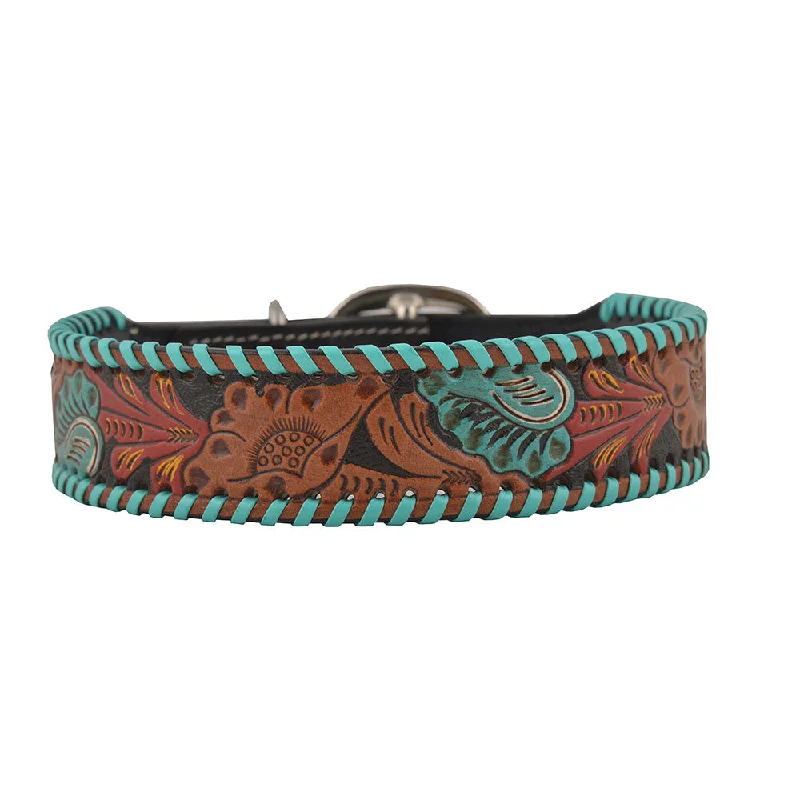 TEAL RED BLOOM HAND-TOOLED PADDED LEATHER DOG COLLAR WITH TEAL LACING