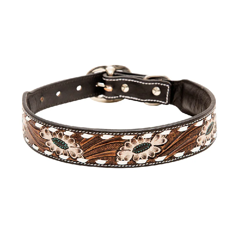 WHITE TOOLED FLOWER HAND-TOOLED PADDED LEATHER DOG COLLAR