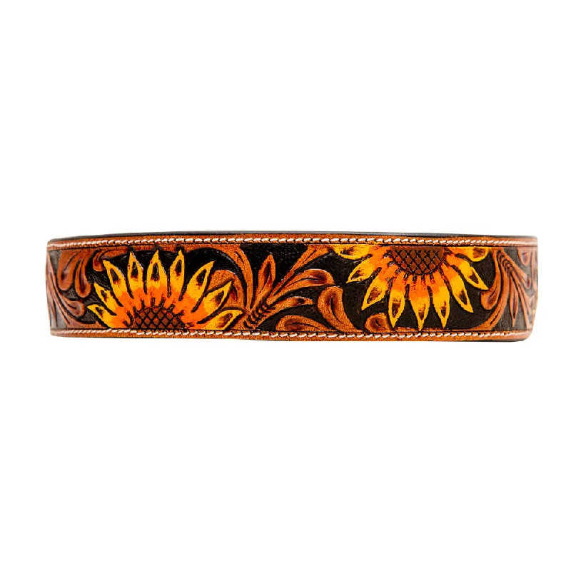 YELLOW SUNFLOWER HAND-TOOLED PADDED LEATHER DOG COLLAR