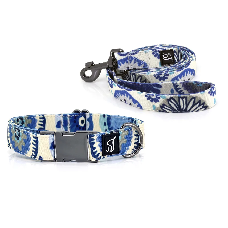 Blue Daisy Dog Collar and Leash Set